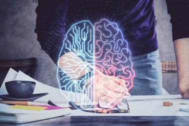 Haman beyin çift pozlama simgesi erkek eli arka planı.