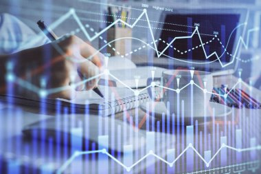 Finansal grafik el notları arka plan alarak üzerinde çizilmiş. Araştırma kavramı. Çift Pozlama