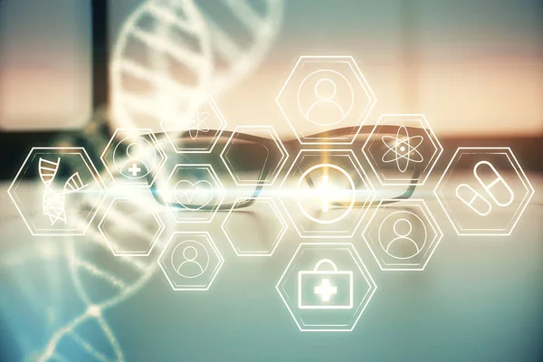 Desenho de DNA com óculos no fundo da mesa. Conceito de bioengenharia. Dupla exposição. — Fotografia de Stock