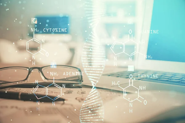 DNS rajz szemüveggel az asztalon háttér. A biomérnöki koncepció. Kétszeres expozíció. — Stock Fotó