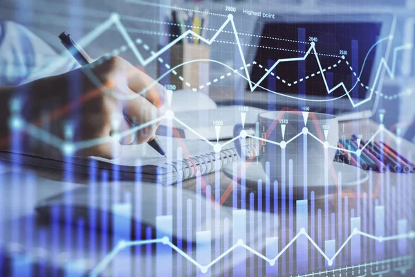 Finansal grafik el notları arka plan alarak üzerinde çizilmiş. Araştırma kavramı. Çift Pozlama — Stok fotoğraf