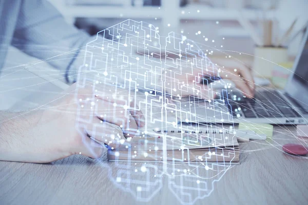 Man typing on keyboard background with brain hologram. Concept of big Data. Double exposure. — Stock Photo, Image
