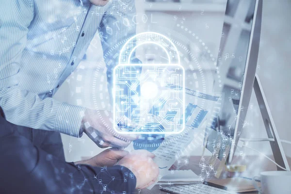 Multi exposure of lock icon with man working on computer on background. Concept of network protection. — Stock Photo, Image