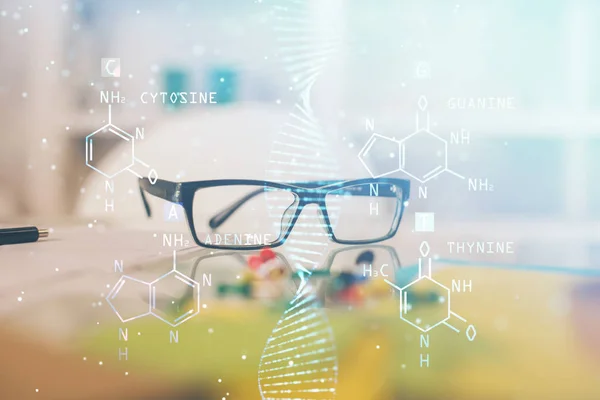 Desenho de DNA com óculos no fundo da mesa. Conceito de bioengenharia. Dupla exposição. — Fotografia de Stock