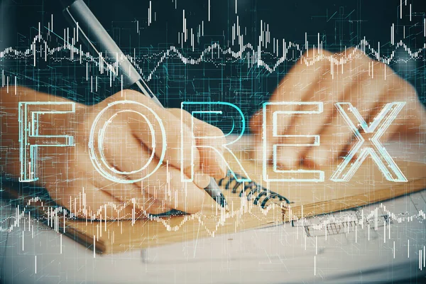Gráfico de divisas que se muestra en la mano de la mujer tomando notas de fondo. Concepto de investigación. Doble exposición —  Fotos de Stock