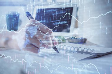Finansal Forex grafiği el notları arka plan alarak çizilmiş. Araştırma kavramı. Çoklu pozlama