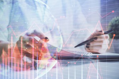 Finansal grafik el notları arka plan alarak üzerinde çizilmiş. Araştırma kavramı. Çoklu pozlama