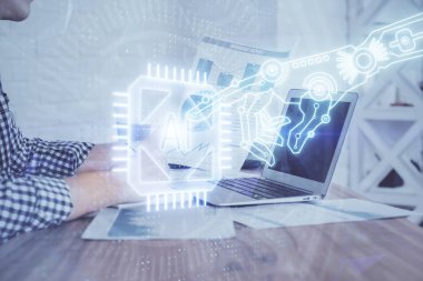 Bilgisayar arkaplanı üzerinde çalışan elleri olan iki kez teknolojik çizimlere maruz kalmış. Yenilik kavramı.