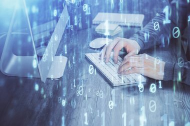 Bilgisayar arkaplanı üzerinde çalışan elleri olan iki kez teknolojik çizimlere maruz kalmış. Yenilik kavramı.