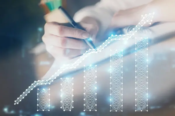 Gráfico de divisas financieras que se muestran en las manos tomando notas de fondo. Concepto de investigación. Doble exposición — Foto de Stock