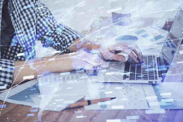 Businessman working on Laptop with technology theme drawing. Concept of big data. Double exposure. — Stock Photo, Image