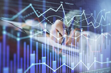 Finansal Forex grafik eller notları arka plan alarak görüntülenir. Araştırma kavramı. Çoklu pozlama