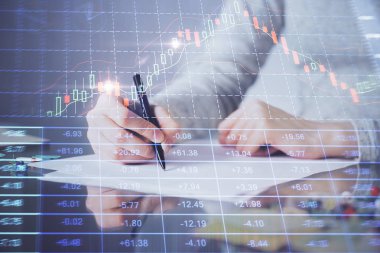 Hands Not defteri hisse senedi piyasası hakkında bilgi yazma. Ön Forex grafik hologramlar. Araştırma kavramı. Çoklu pozlama