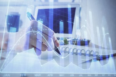 Finansal Forex grafiği el notları arka plan alarak çizilmiş. Araştırma kavramı. Çoklu pozlama