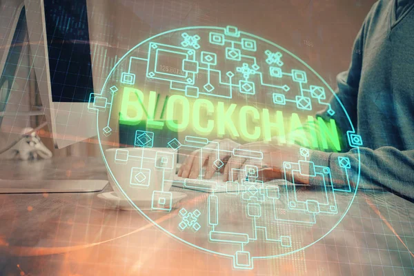 Blockchain theme hud with businessman working on computer on background. Concept of crypto chain. Multi exposure. — Stock Photo, Image