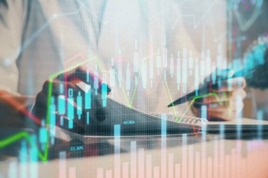 Finansal grafik el notları arka plan alarak üzerinde çizilmiş. Araştırma kavramı. Çoklu pozlama