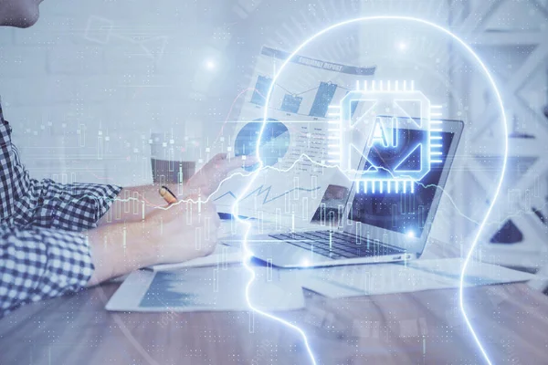 Hombre escribiendo en el fondo del teclado con holograma cerebral. Concepto de big data. Doble exposición. —  Fotos de Stock