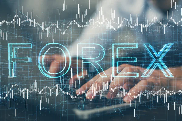 Wykres Forex z biznesmenem pracujący na komputerze w biurze na tle. Koncepcja hardworking. Wielokrotna ekspozycja. — Zdjęcie stockowe