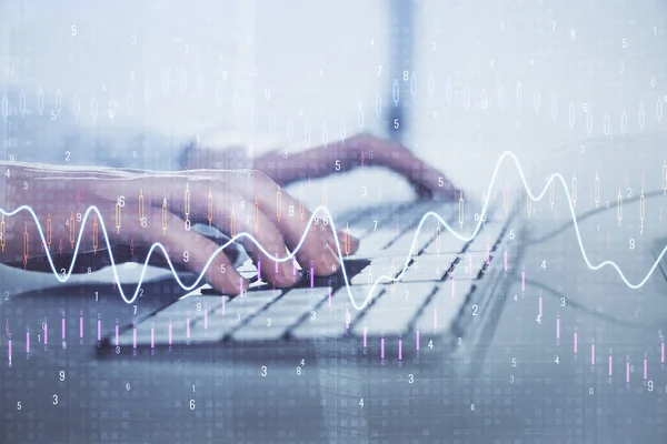 Forex diagram med affärsman som arbetar på dator i Office på bakgrunden. Begreppet hårt arbetande. Närbild. Multiexponering. — Stockfoto