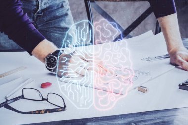 Çoklu pozlama beyin teması simgelerine sahip bir adam.