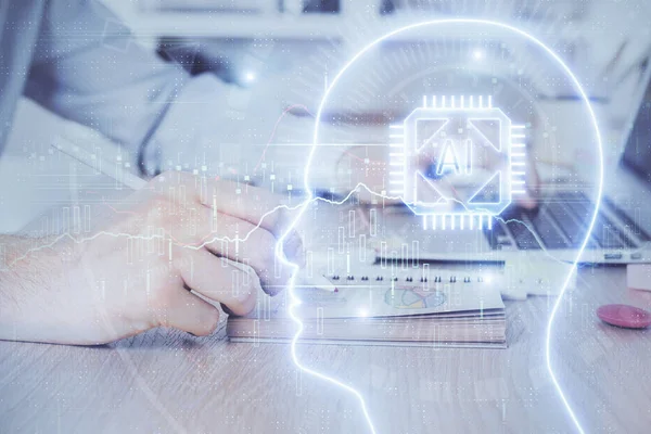 Hombre escribiendo en el fondo del teclado con holograma cerebral. Concepto de big data. Doble exposición. —  Fotos de Stock