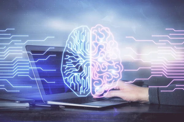 Homme tapant sur fond de clavier avec hologramme cérébral. Concept de Big Data. Double exposition. — Photo