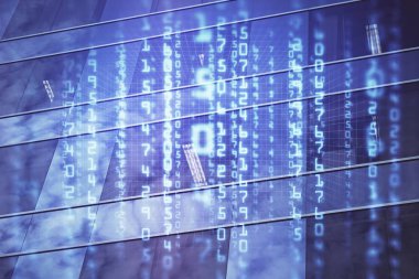 Veri temalı hologram gökdelenler arka planda çoklu pozlama ile şehir görünümüne çizim yapıyor. Büyük veri kavramı.