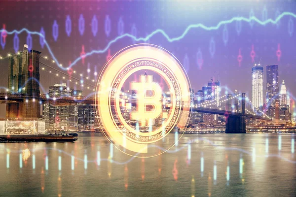 Multi экспозиции криптовалютной темы рисунок голограммы и города veiw фон. Концепция блокчейн и биткойн. Стоковое Фото