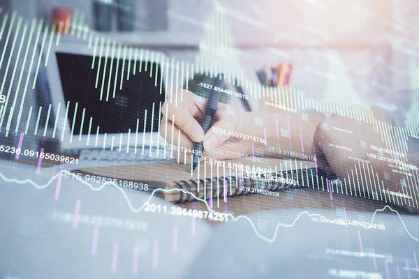 Financial graph displayed on womans hand taking notes background. Concept of research. Double exposure