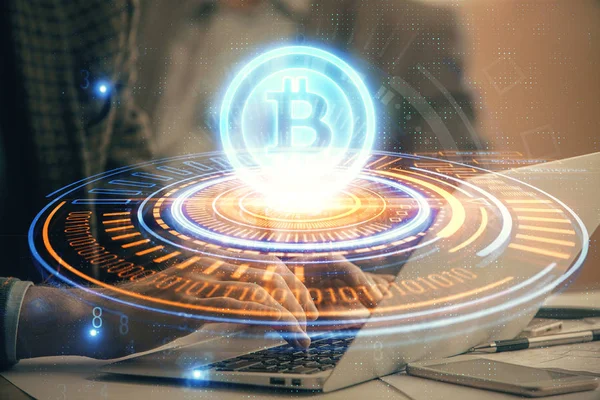 Blockchain θέμα hud με τον άνθρωπο που εργάζονται στον υπολογιστή στο παρασκήνιο. Έννοια της κρυπτογραφικής αλυσίδας. Διπλή έκθεση. — Φωτογραφία Αρχείου