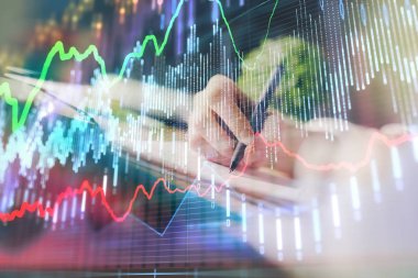 Finansal Forex grafiği el notları arka plan alarak çizilmiş. Araştırma kavramı. Çoklu pozlama