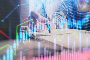 Finansal Forex grafiği el notları arka plan alarak çizilmiş. Araştırma kavramı. Çift Pozlama