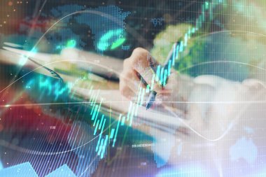 Finansal Forex grafiği el notları arka plan alarak çizilmiş. Araştırma kavramı. Çoklu pozlama