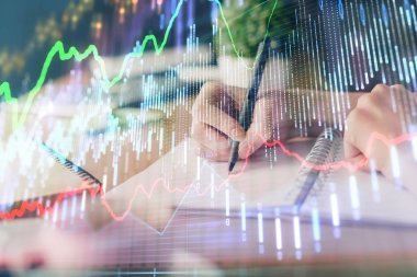 Finansal Forex grafiği el notları arka plan alarak çizilmiş. Araştırma kavramı. Çoklu pozlama