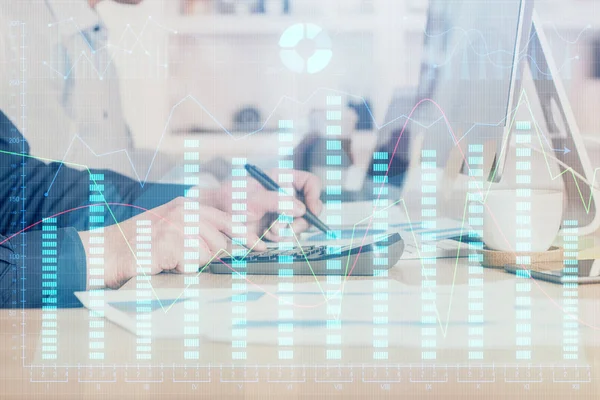 Forex graph with businessman working on computer in office on background. Concept of hardworking. Closeup. Multi exposure. — Stock Photo, Image