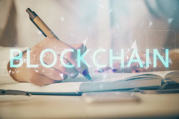 Cryptogeld hologram over vrouwen handen schrijven achtergrond. Concept van blockchain. Dubbele blootstelling — Stockfoto