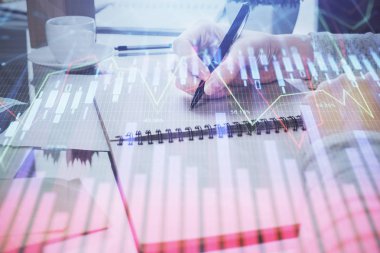 Not defteri 'nde el notu almak. Ön Forex grafik hologramlar. Araştırma kavramı. Çift Pozlama