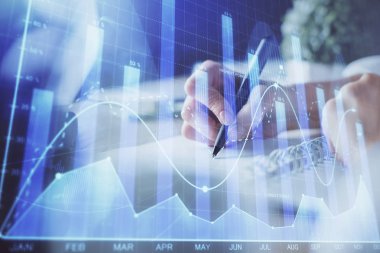 Finansal Forex grafik eller notları arka plan alarak görüntülenir. Araştırma kavramı. Çoklu pozlama