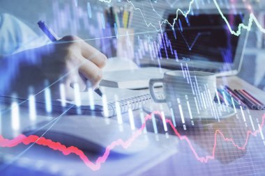 Finansal grafik el notları arka plan alarak üzerinde çizilmiş. Araştırma kavramı. Çift Pozlama