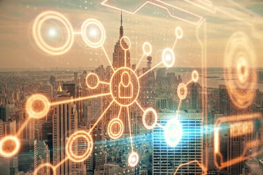 Sosyal ağ tema çizimi ve şehir manzarası arka planına çift pozlama. Bağlantı insanları kavramı.