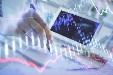 Finansal Forex grafiği el notları arka plan alarak çizilmiş. Araştırma kavramı. Çoklu pozlama