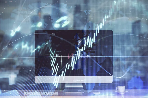 Holograma gráfico do mercado Forex e fundo do computador pessoal. Dupla exposição. Conceito de investimento. — Fotografia de Stock