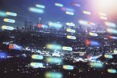 Veri temalı hologram gökdelenler arka planda çoklu pozlama ile şehir görünümüne çizim yapıyor. Ai kavramı.