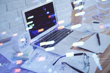 Bilgisayarın arka planda ve teknik tema çiziminde çoklu pozlama. Büyük veri kavramı.