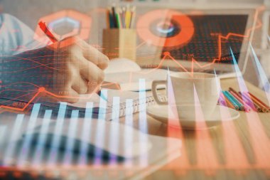 Finansal grafik el notları arka plan alarak üzerinde çizilmiş. Araştırma kavramı. Çoklu pozlama