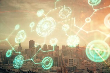 Sosyal ağ tema çizimi ve şehir manzarası arka planına çift pozlama. Bağlantı insanları kavramı.