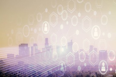 Sosyal ağ tema çizimi ve şehir manzarası arka planına çift pozlama. Bağlantı insanları kavramı.