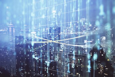 Veri temalı hologram gökdelenlerin arka planında çift pozlama ile şehir görünümüne çizim yapıyor. Ai kavramı.