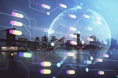 Şehir görünümünde harita ve veri temalı hologram ile gökdelenler arka planda çift pozlama. İş kavramında uluslararası teknoloji.