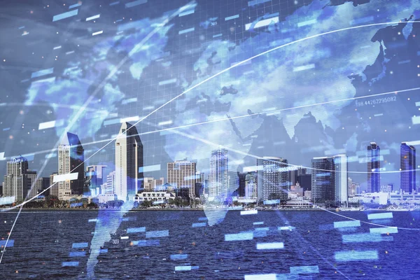 Tema de datos holograma dibujo en la vista de la ciudad con rascacielos fondo multi exposición. Concepto Bigdata. —  Fotos de Stock